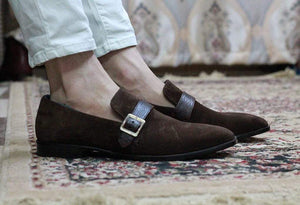 Men's Brown Monk Slip On Suede Men's Loafers - leathersguru