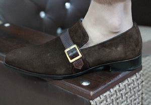 Bespoke Brown Loafer Suede Monk Strap Shoe for Men - leathersguru