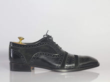 Load image into Gallery viewer, Handmade Black Cap Toe Leather Suede Lace Up Shoe - leathersguru
