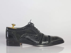 Handmade Black Cap Toe Leather Suede Lace Up Shoe - leathersguru