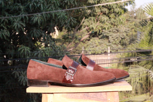 Bespoke Brown Loafer Suede Monk Strap Shoe for Men - leathersguru