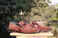 Load image into Gallery viewer, Bespoke Burgundy Suede Monk Strap Shoe for Men - leathersguru
