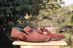 Bespoke Burgundy Suede Monk Strap Shoe for Men - leathersguru