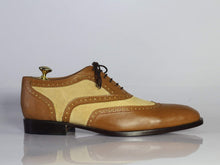 Load image into Gallery viewer, Men&#39;s Beige Brown Leather Suede Wing Tip Brogue Shoes - leathersguru
