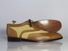 Load image into Gallery viewer, Men&#39;s Beige Brown Leather Suede Wing Tip Brogue Shoes - leathersguru

