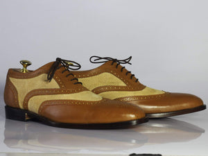 Men's Beige Brown Leather Suede Wing Tip Brogue Shoes - leathersguru