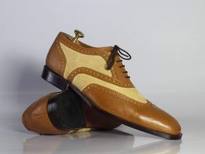 Men's Beige Brown Leather Suede Wing Tip Brogue Shoes - leathersguru