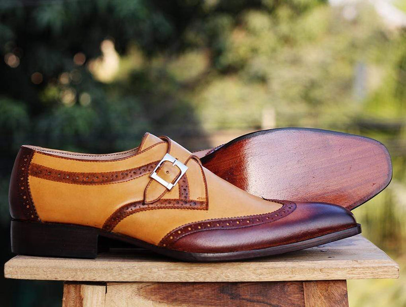 Handmade Tan Brown Leather Wingtip Monk Shoes - leathersguru