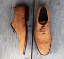 Men's Tan Wing Tip Brogue Suede Men's Shoes - leathersguru