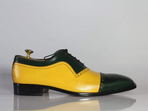 Handmade Men's Green Yellow Leather Cap Toe  Shoe - leathersguru