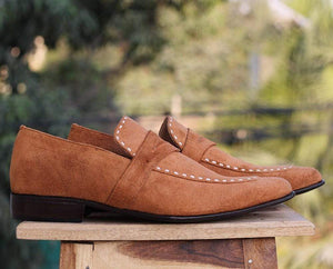 Men's Tan Penny Loafers Suede Men's Shoe - leathersguru