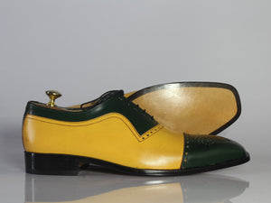 Bespoke Yellow Green Leather Cap Toe Lace Up Shoes for Men's - leathersguru