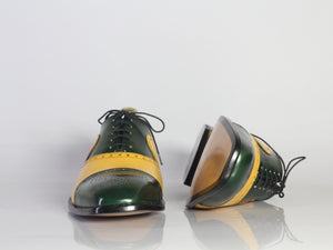 Bespoke Yellow Green Leather Cap Toe Lace Up Shoes for Men's - leathersguru