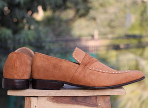 Men's Tan Penny Loafers Suede Men's Shoe - leathersguru