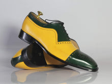 Load image into Gallery viewer, Handmade Men&#39;s Green Yellow Leather Cap Toe  Shoe - leathersguru
