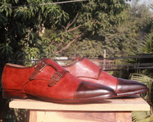 Load image into Gallery viewer, Handmade Burgundy Brown Cap Toe Monk Leather Shoe - leathersguru
