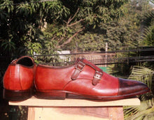 Load image into Gallery viewer, Handmade Burgundy Brown Cap Toe Monk Leather Shoe - leathersguru
