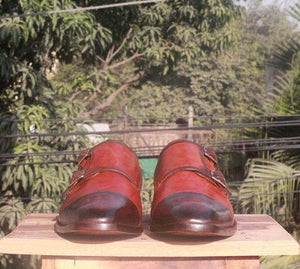 Handmade Burgundy Brown Cap Toe Monk Leather Shoe - leathersguru