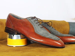 Bespoke Brown Grey Round Toe Leather Lace Up Shoe for Men - leathersguru
