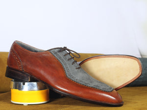 Bespoke Brown Grey Round Toe Leather Lace Up Shoe for Men - leathersguru