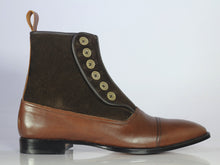 Load image into Gallery viewer, Bespoke Brown Leather Suede Button Top Ankle Cap Toe Boot - leathersguru
