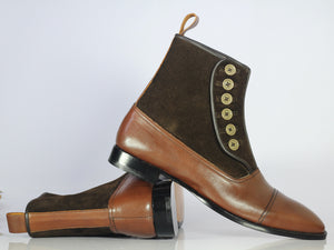 Bespoke Brown Leather Suede Button Top Ankle Cap Toe Boot - leathersguru