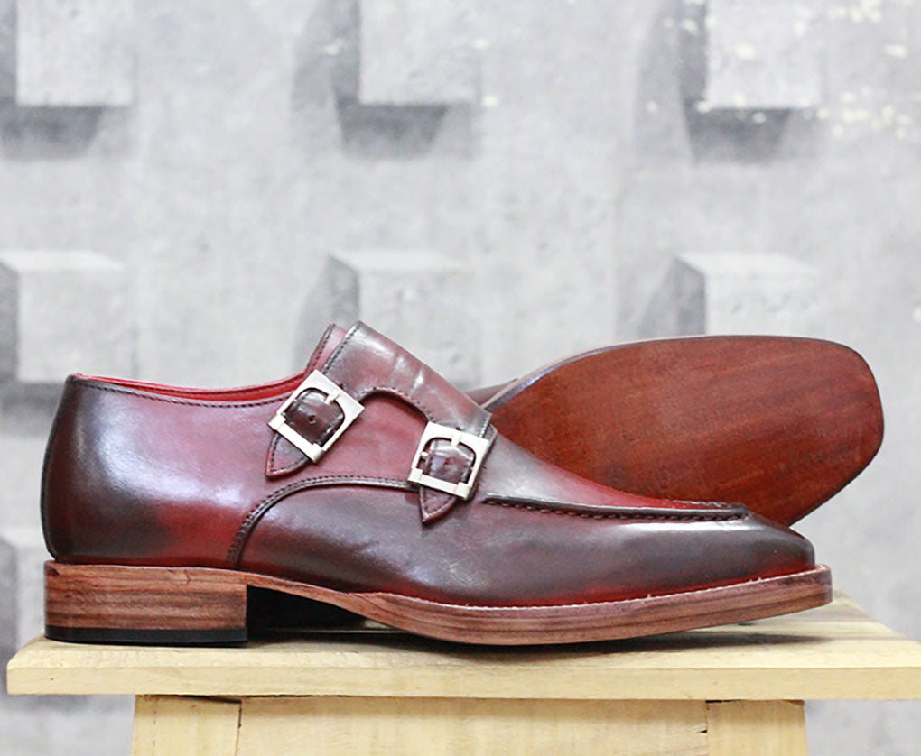 Bespoke Burgundy Leather Double Monk Strap Shoe for Men - leathersguru