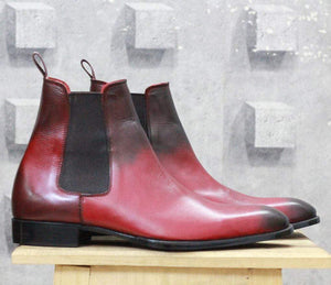 Men Burgundy Black Chelsea Ankle Boots - leathersguru