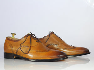 Bespoke Tan Leather Wing Tip Lace Up Shoes for Men's - leathersguru
