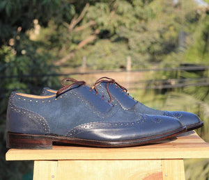 Handmade Navy Blue Leather Suede Wing tip Shoes - leathersguru