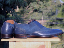 Load image into Gallery viewer, Bespoke Blue Leather Wing Tip Lace Up Shoe for Men - leathersguru
