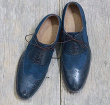 Load image into Gallery viewer, Handmade Navy Blue Leather Suede Wing tip Shoes - leathersguru
