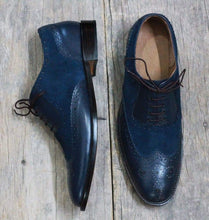 Load image into Gallery viewer, Handmade Navy Blue Leather Suede Wing tip Shoes - leathersguru
