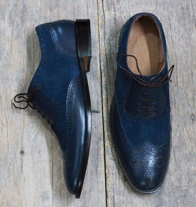 Handmade Navy Blue Leather Suede Wing tip Shoes - leathersguru