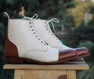 Men's Cream Brown Cap Toe Ankle Boots - leathersguru