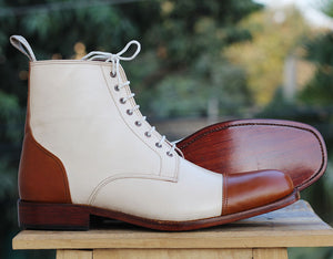 Bespoke White and Brown Leather High Ankle Lace Up Boots - leathersguru