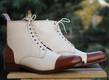 Load image into Gallery viewer, Bespoke White and Brown Leather High Ankle Lace Up Boots - leathersguru
