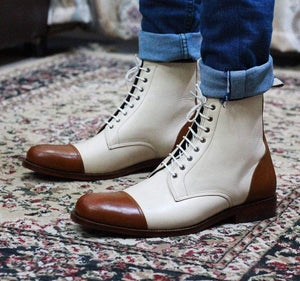 Men's Cream Brown Cap Toe Ankle Boots - leathersguru