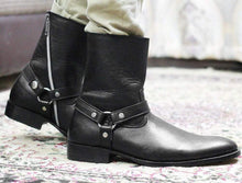 Load image into Gallery viewer, Handmade Black Ankle high Buckle Madrid Strap Boots - leathersguru

