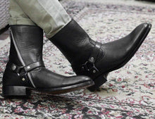 Load image into Gallery viewer, Handmade Black Ankle high Buckle Madrid Strap Boots - leathersguru
