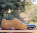 Bespoke Black Beige Leather Suede Monk Strap Shoe for Men - leathersguru