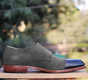 Bespoke Black Gray Leather Suede Monk Strap Shoes - leathersguru
