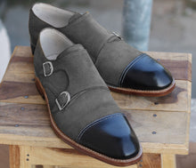 Load image into Gallery viewer, Bespoke Black Gray Leather Suede Monk Strap Shoes - leathersguru
