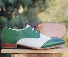Load image into Gallery viewer, Bespoke Green &amp; White Leather Suede Wing Tip Lace Up Shoe for Men&#39;s - leathersguru
