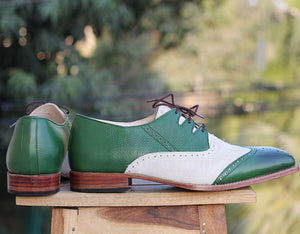 Bespoke Green & White Leather Suede Wing Tip Lace Up Shoe for Men's - leathersguru