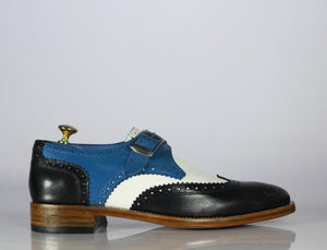 Bespoke Three Tone Leather Wing Tip Buckle Up Shoe for Men's - leathersguru