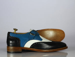 Bespoke Three Tone Leather Wing Tip Buckle Up Shoe for Men's - leathersguru