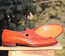 Men's Tan Split Toe Leather Penny Loafers Shoes - leathersguru