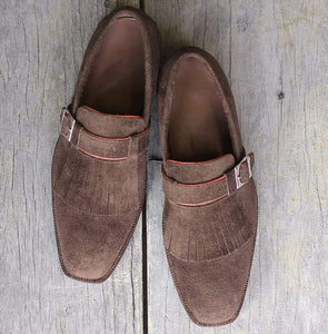 Handmade Brown Monk Fringe Suede Shoe - leathersguru