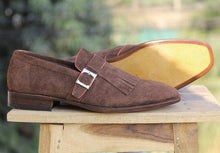 Load image into Gallery viewer, Handmade Brown Monk Fringe Suede Shoe - leathersguru
